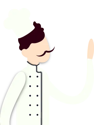 シェフ帽をかぶったひげの料理人イラスト。飲食店の象徴的なキャラクター。