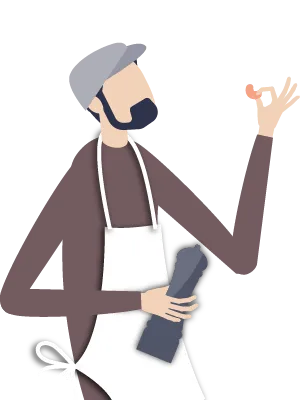 胡椒ミルを持った料理人風の店員イラスト。味にこだわる様子を表現。