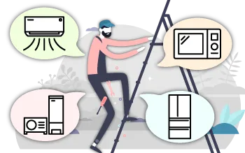 家電の修理や設置を行う作業員のイラスト。エアコンや冷蔵庫などに対応。